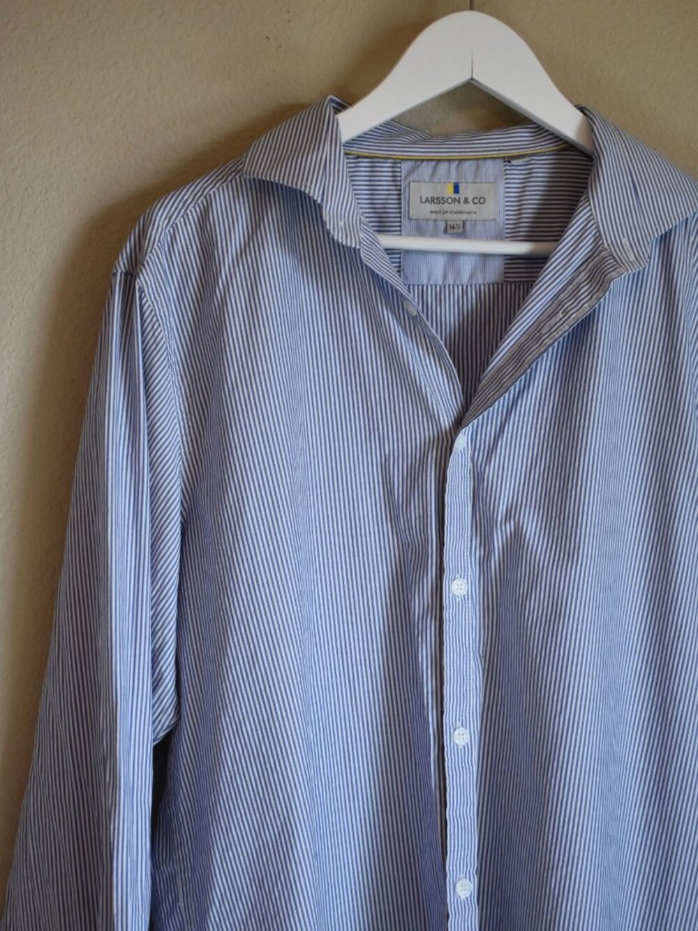 Larsson & Co Blue White Striped Dress Shirt Mens 16.5 Long Sleevev